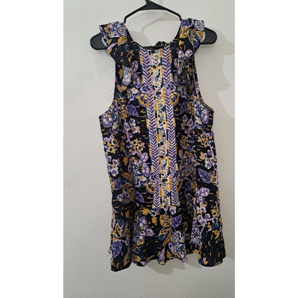 Free People Womens Medium dress Linen purple Floral yellow milk maid boho gypsy